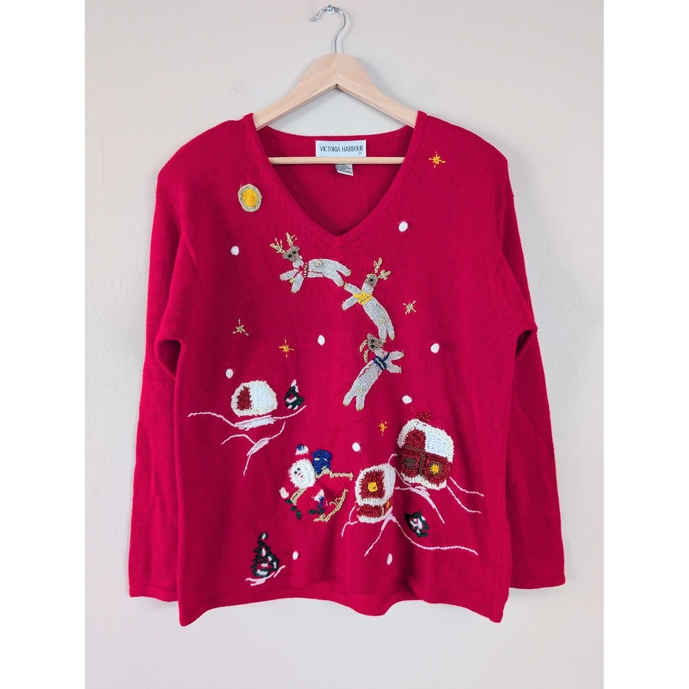 Vintage Red Ugly Christmas Sweater Womens L Santa Reindeer Victoria‎ Harbour